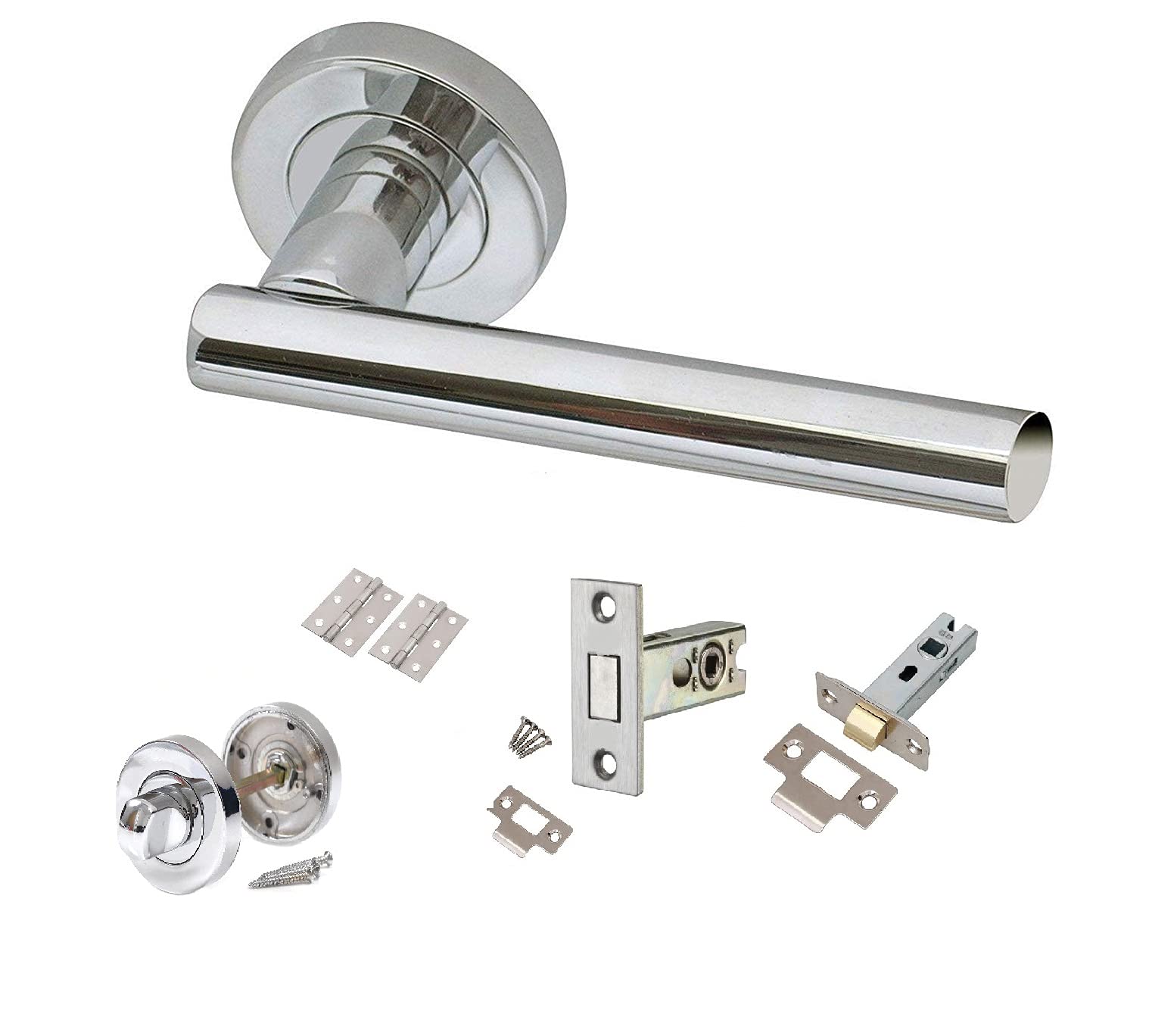 Golden Grace T-Bar Door Bathroom Toilet Handles on Round Rose in Polished Chrome with Dead Bolt, Thumbturn, Tubular Latch & Hinges