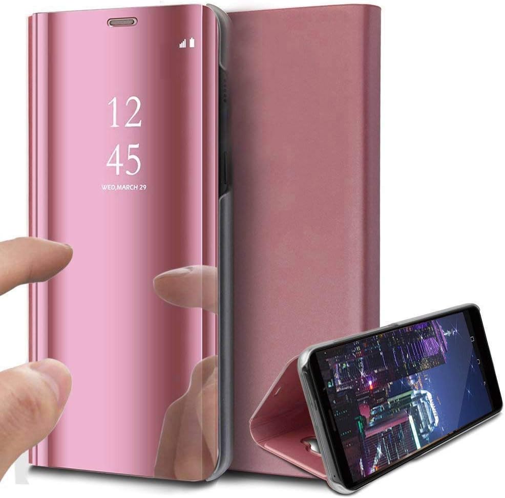 Case for Samsung Galaxy A52 Cool Style Clear View Window Electroplate Plating Stand Scratchproof Full Body Protective Flip Slim Cover for Galaxy A52 PU Mirror:Rose Gold QH