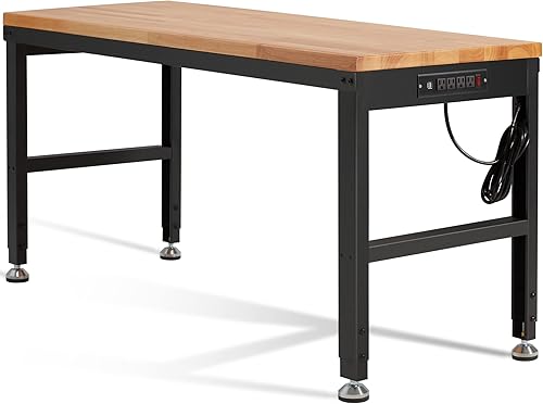 Haddockway Banco de trabajo ajustable para garaje, mesa de trabajo superior de madera de goma de 60 x 22 pulgadas con tomas de corriente, capacidad