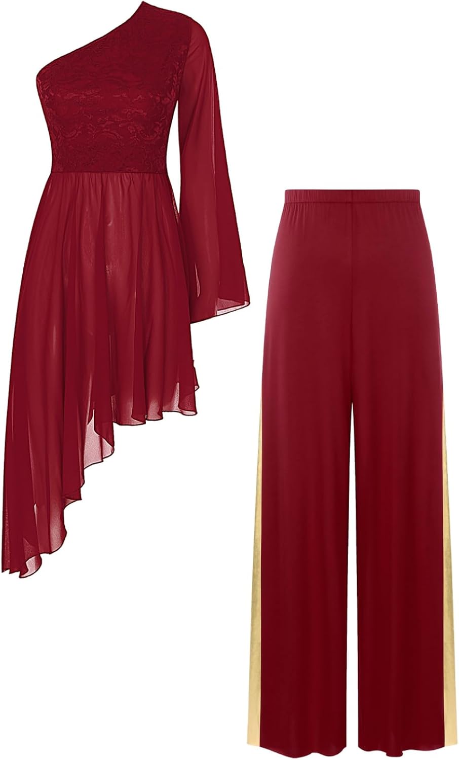 Womens Praise Dance Costume One Shoulder Flared Sleeve Irregular Liturgical Worship Dress+Wide-Leg Pants Dance Outfit