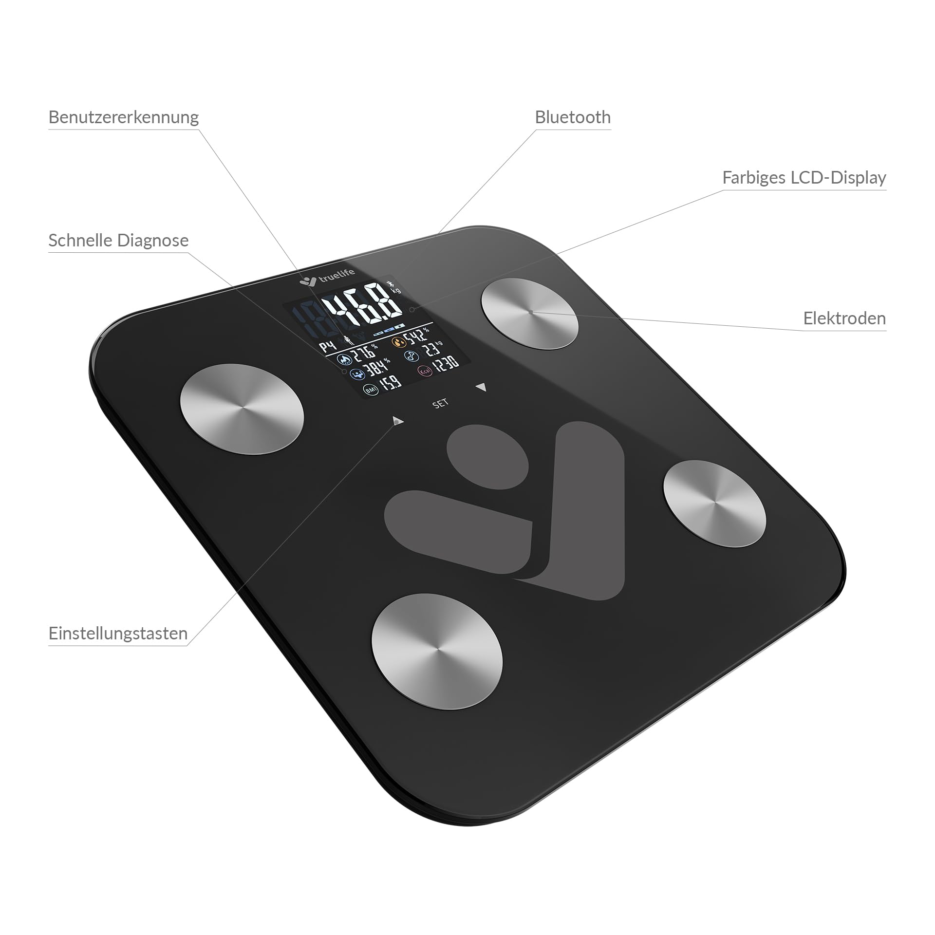 TrueLife FitScale W6 BT Bilancia diagnostica personale Bluetooth, misurazione con analisi dell'impedenza bioelettrica, 19 indici del corpo misurabili, display LCD colorato, fino a 8 utenti, app mobile