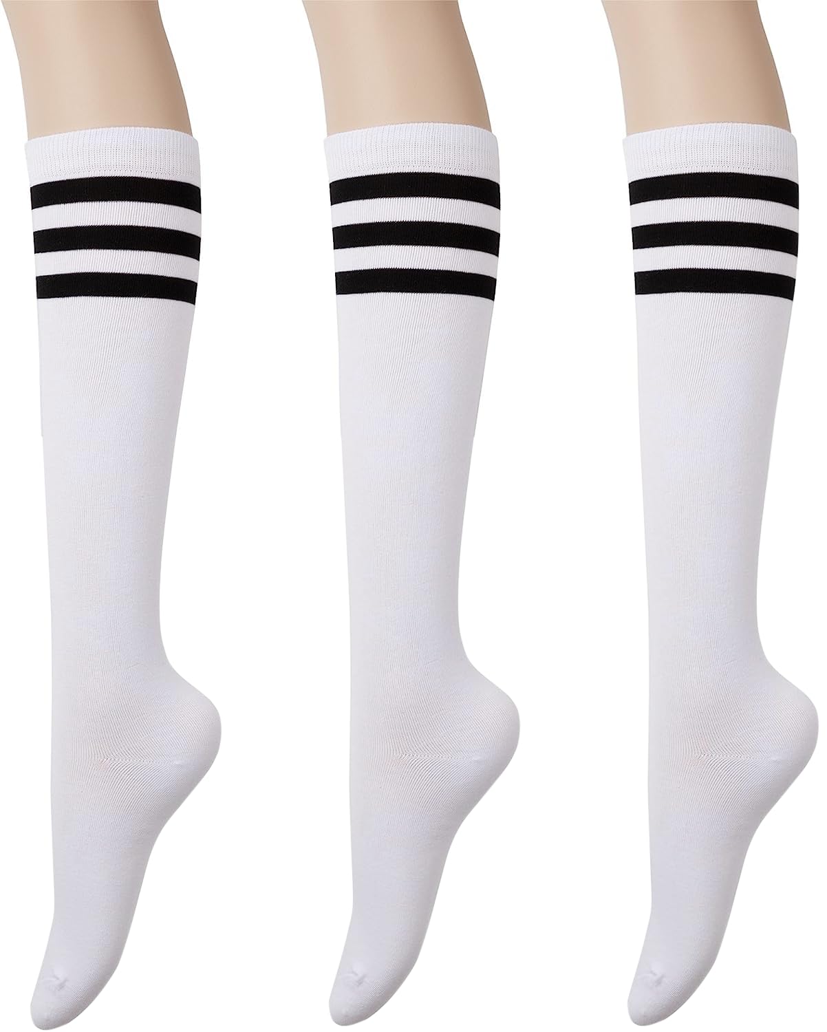 KONY Women's Cotton Knee High Socks - Casual Solid & Striped Colors Fashion Socks 3 Pairs (Women’s Shoe Size 5-9)