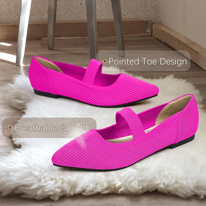 Image of TINGRISE Women's Flats Shoes Pointed Toe Knit Washable Ballet Comfortable Dressy Mary Jane Flat