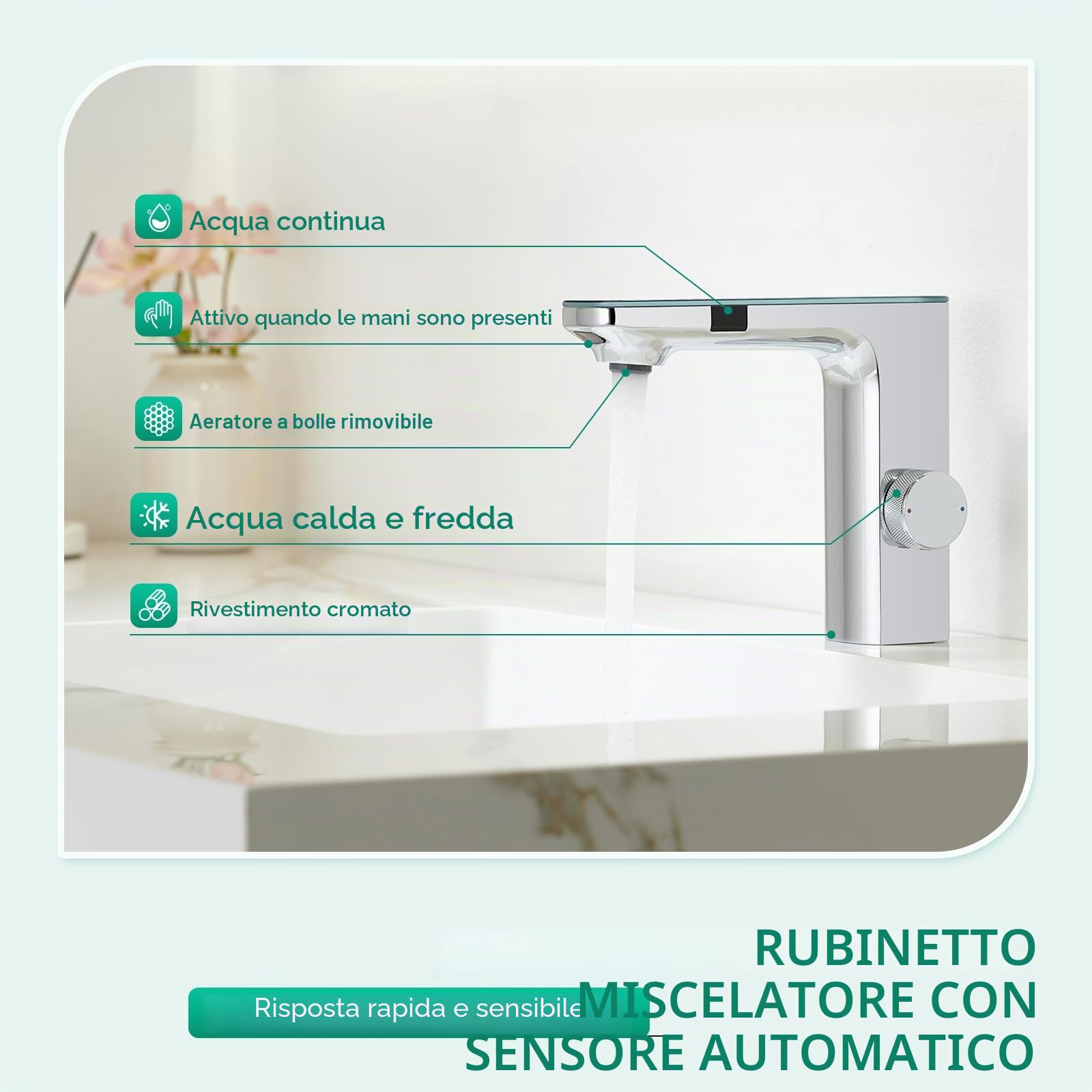 CREA Rubinetto Bagno Infrarossi, Miscelatore Lavabo Automatico con Sensor, Cromato