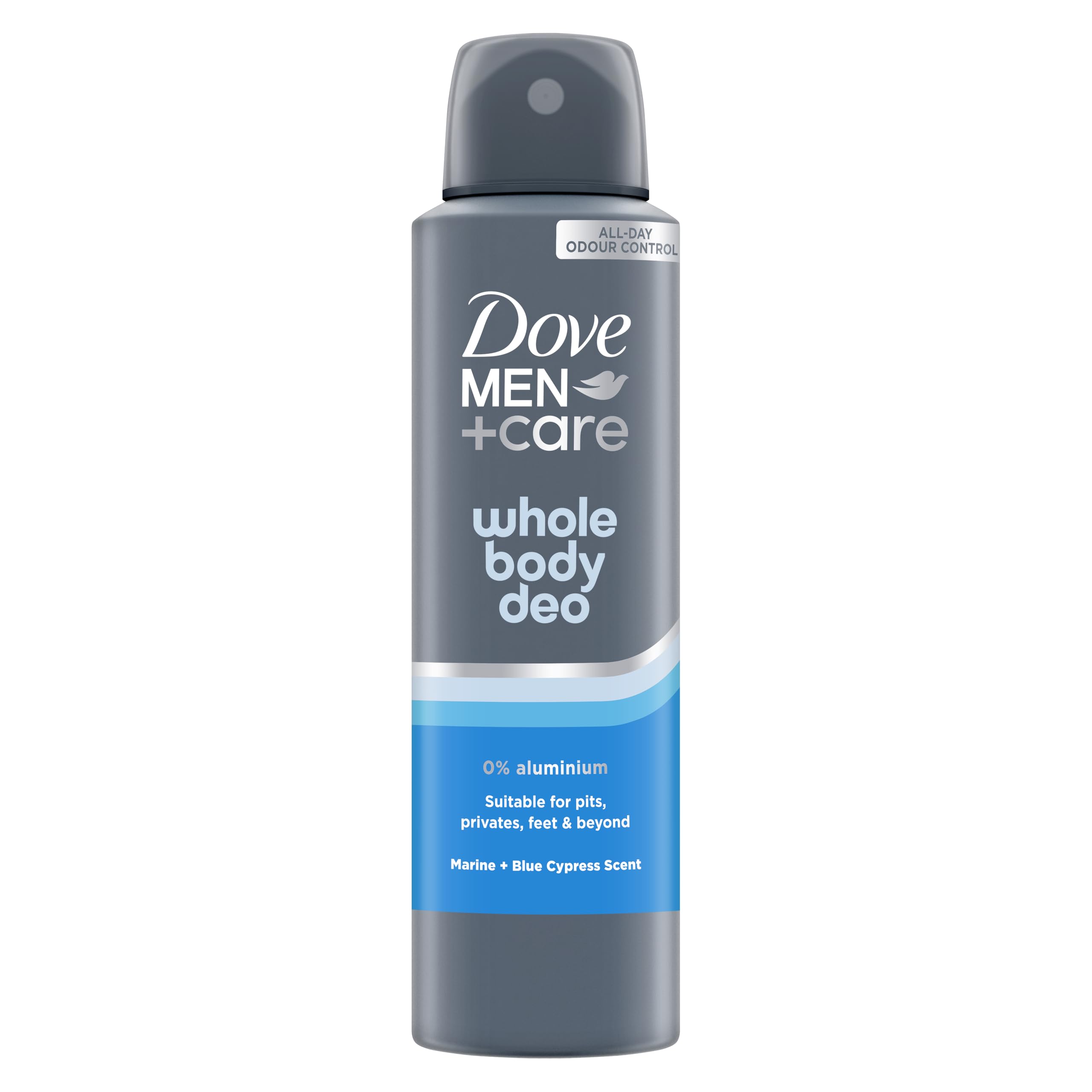 Dove Men+Care Marine & Blue Cypress Whole Body Deodorant Spray 0% aluminium and alcohol-free aerosol for all-day odour control 150 ml