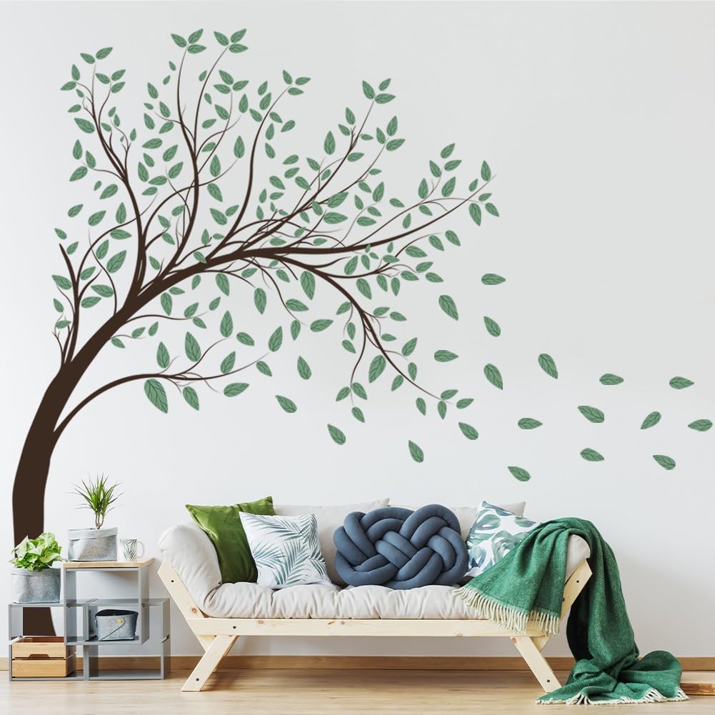4 Sheets Green Tree Wall Decals Big Tree Wall Stickers Large DIY Peel and Stick Flying Leaves Wall Decor for Kids Bedroom Living Room Nursery Rooms TV Sofa Background Decoration