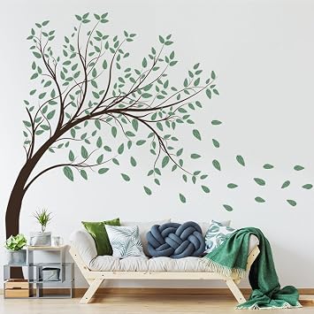 4 Sheets Green Tree Wall Decals Big Tree Wall Stickers Large DIY Peel and Stick Flying Leaves Wall Decor for Kids Bedroom Living Room Nursery Rooms TV Sofa Background Decoration