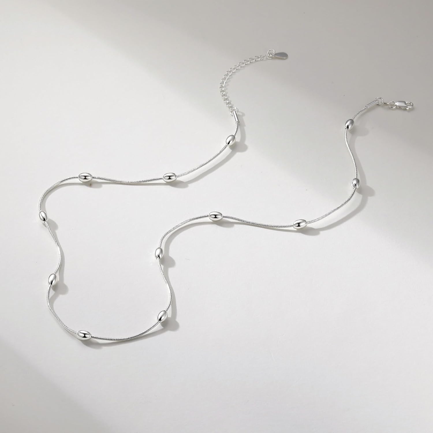 S925 Sterling Silver Necklace for Women 1MM Oval Moon Bead Snake Necklace image 5