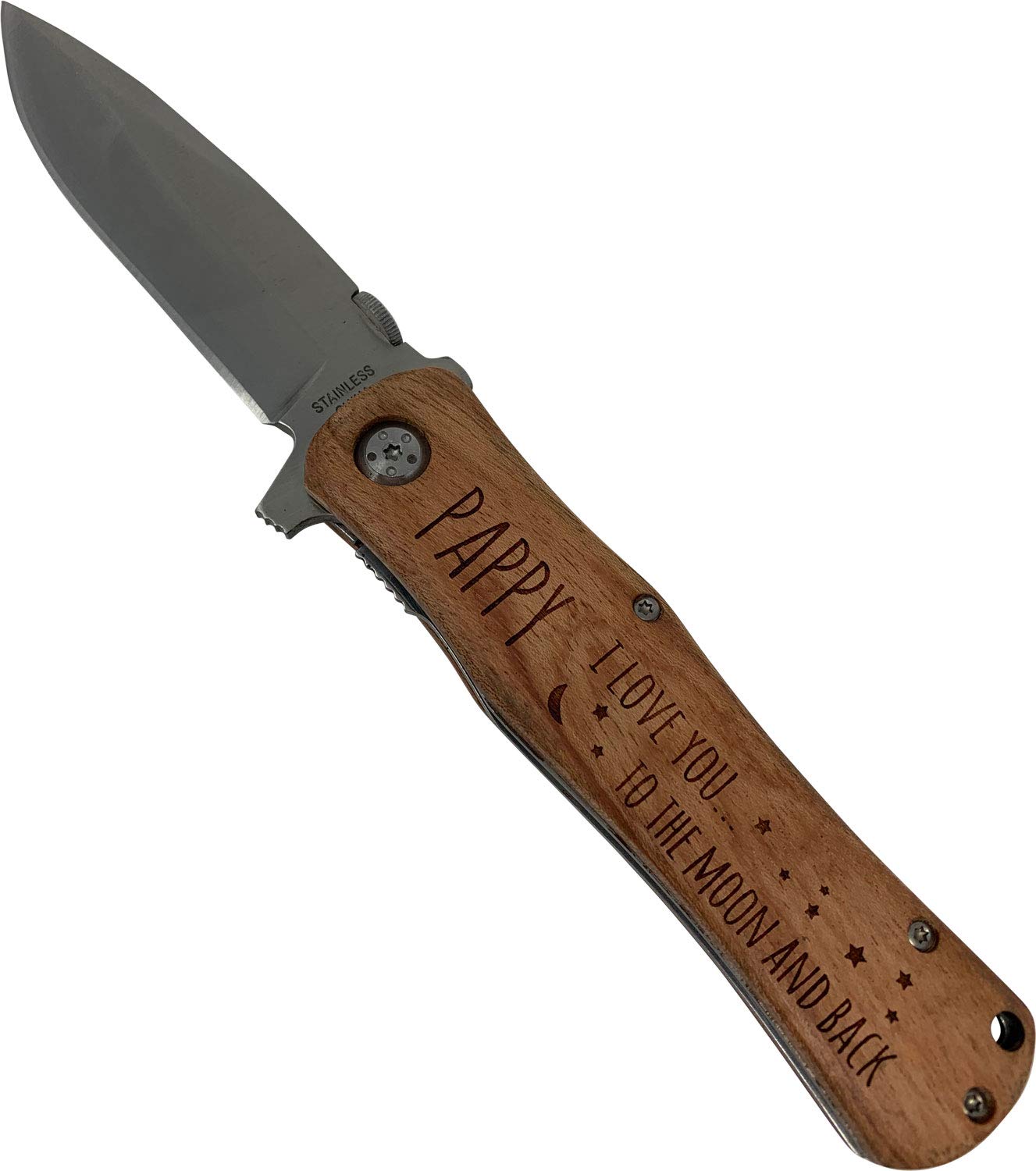 Pappy - I Love You to The Moon and Back Stainless Steel Folding Pocket Knife with Clip, Wood