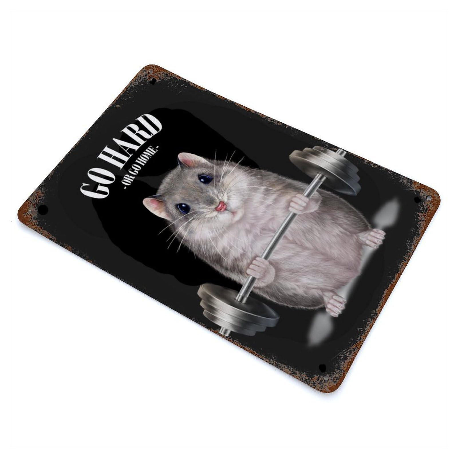 Grey Hamster Weightlifting Rusty Metal Tin Sign 11.8"x7.9", for Farmhouse, Kitchen And Entryway Decor, Rustic Home Decor