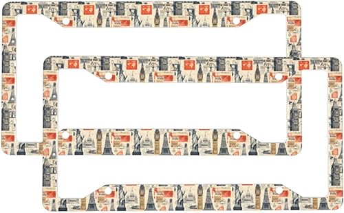 2 Pcs Car License Plate Frames for Women Men - Vintage Landmark Collage Print Solid Aluminum License Plate Cover for Car Accessories for Women Men