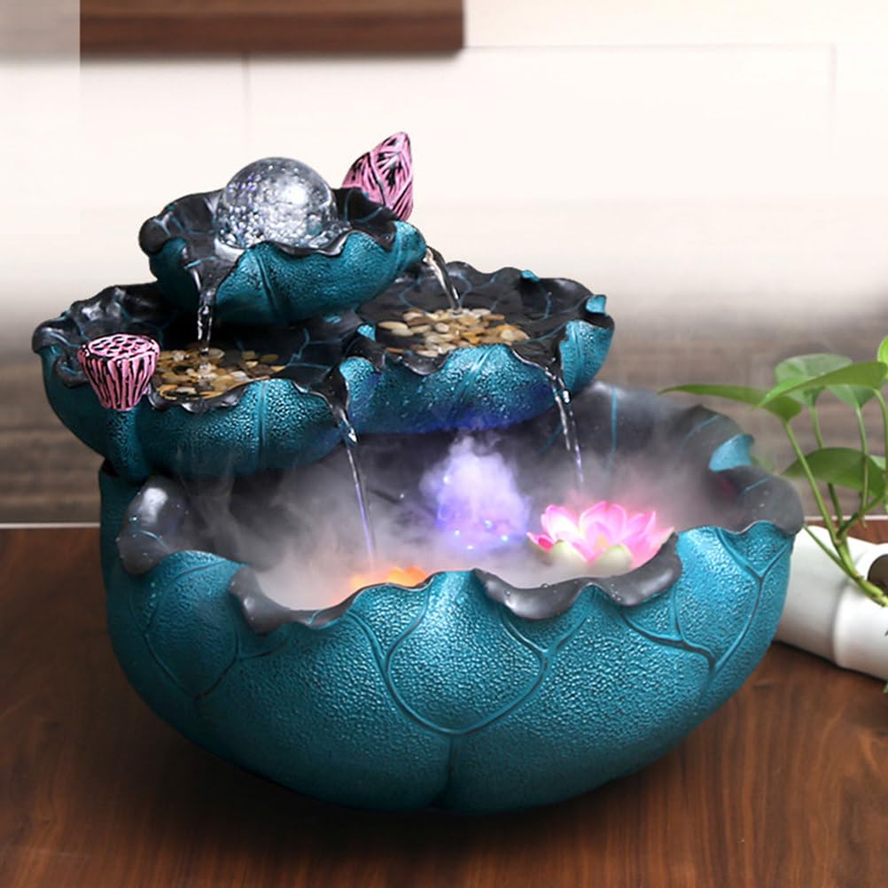 Fontanna stołowa do użytku wewnętrznego z diodą LED i atomizerem, | 2-poziomowa fontanna z wodospadem Lotus, relaksujący dźwięk wody Zen, dekoracje Feng Shui do domowego biura