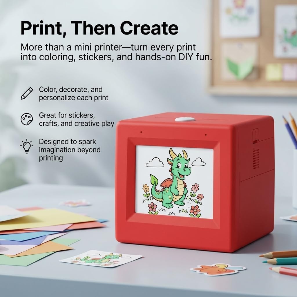 Kids Sticker Printer, Mini Sticker Maker for Kids, Inkless Thermal Sticker Printer with Screen Preview, Portable Wireless Mini Printer for Coloring, DIY Crafts, Peel & Stick Creative Play