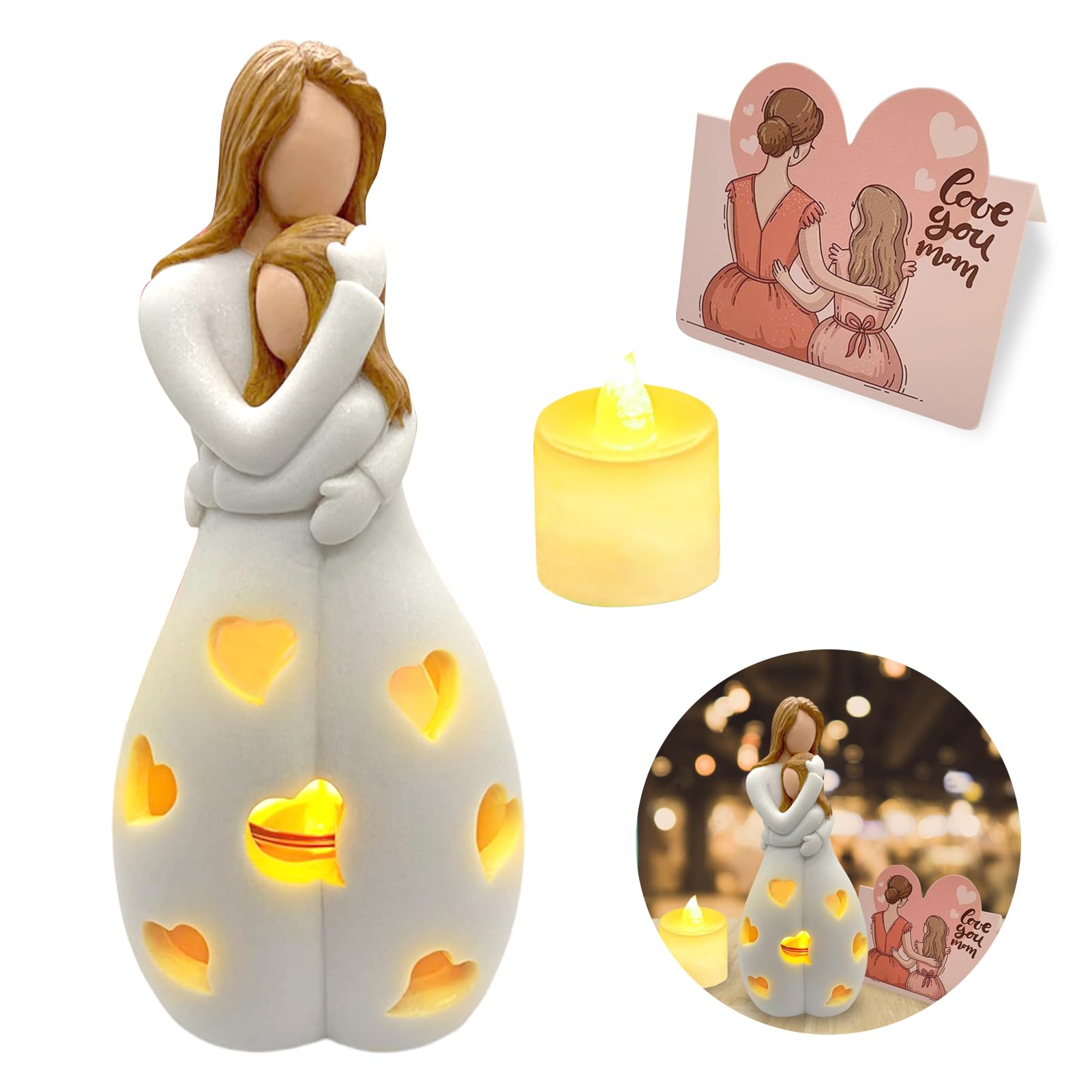 Statua Portacandele Madre E Figlia Con LED - Resina, Luce Tremolante, Regalo Per Festa Della Mamma - Foto 5