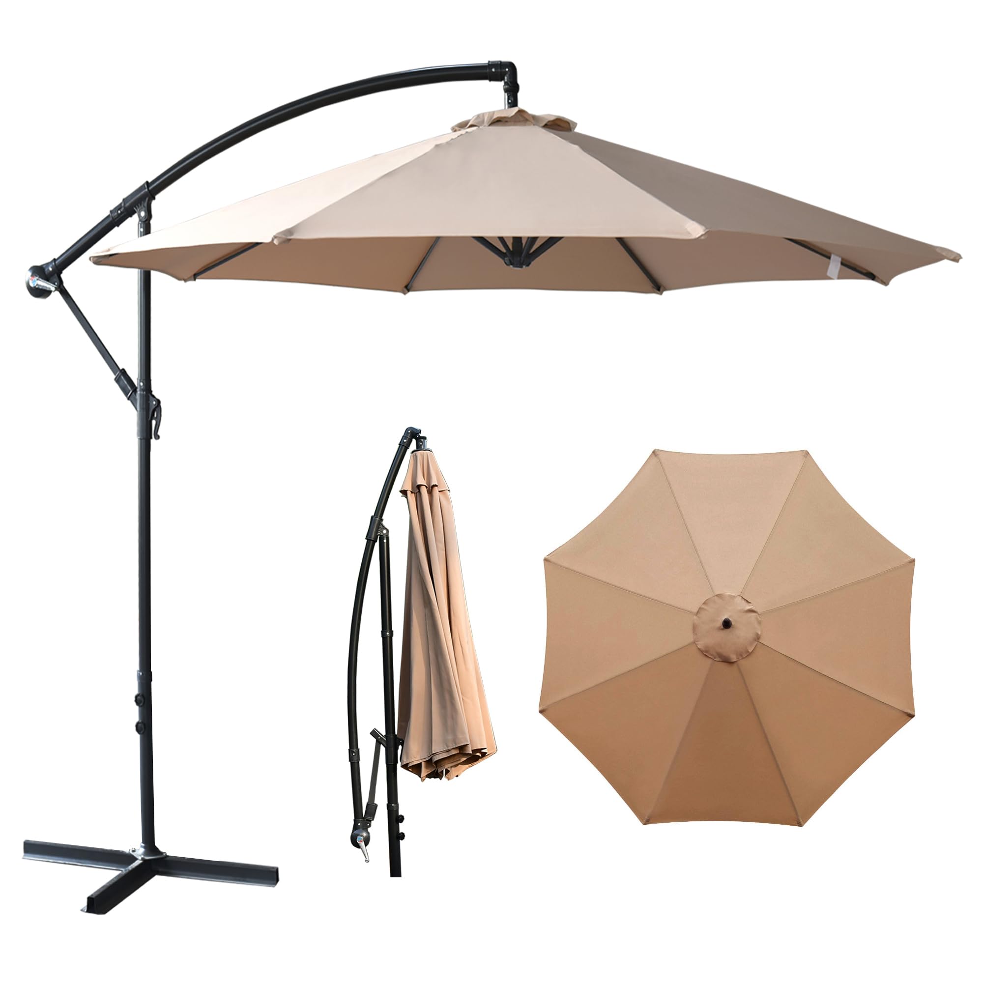 SereneLife SLSK3257.3 10 ft. Cantilever 360° Rotation-8 Sturdy Steel Ribs Patio Market Hanging Umbrellas, Tilting and Cross Base