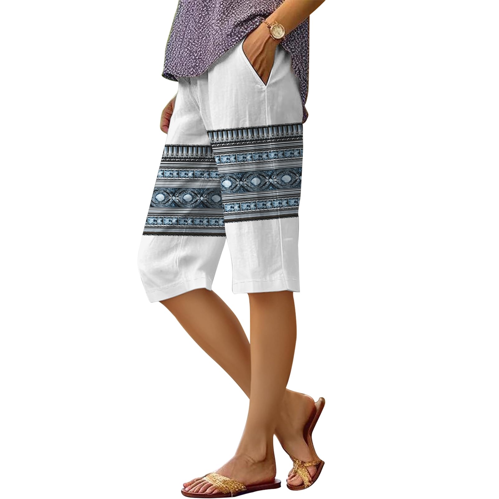 Womens Summer Casual Beach Bermuda Shorts Aztec Striped Pant Loose Knee Length Wide Leg Athletic Pants with Pockets