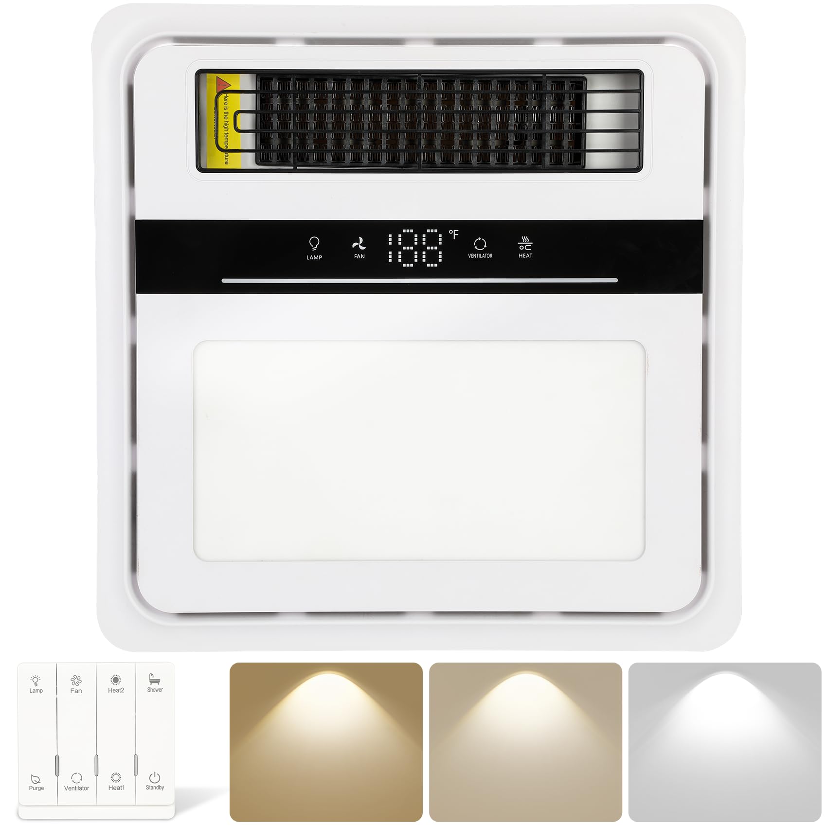 Bathroom Fan with Light Heater 1800W, Remote Control, 1500Lm LED Light 3000K/4000K/5000K Selectable, 190 CFM Quiet Exhaust Exhaust with Ventilation, Ceiling Opening Size 11.5"x11.5"