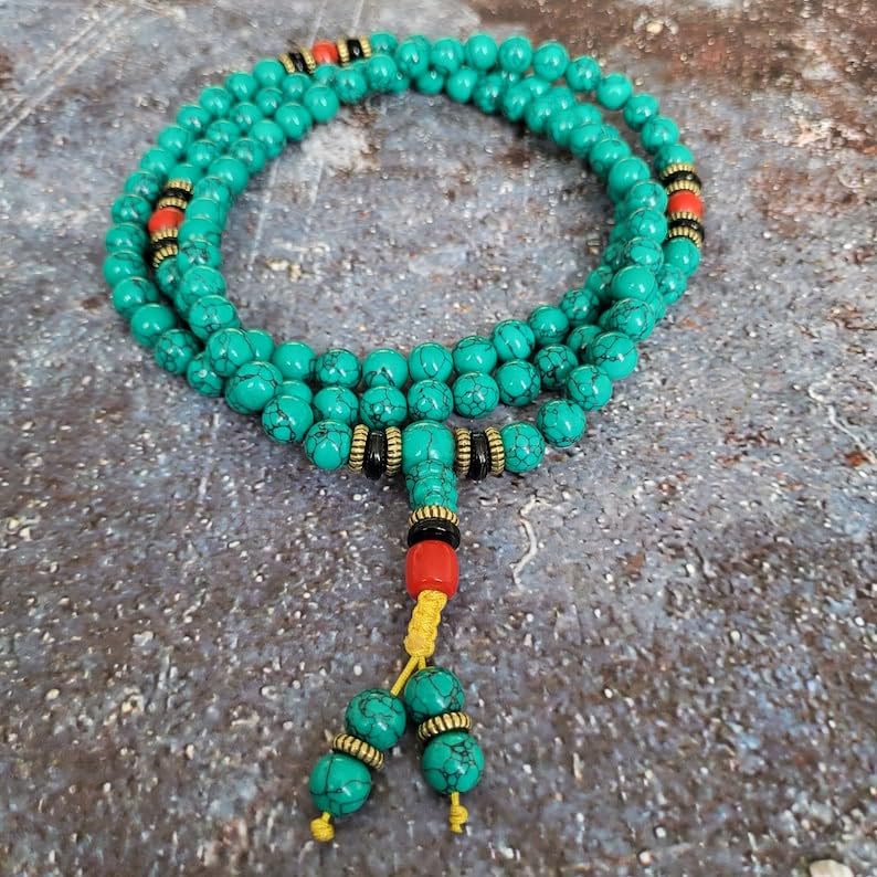 Naturalny zielony turkus 8 mm 108 koralików mala, duchowe, koraliki medytacyjne, Reiki, Japa Mala, buddyjskie koraliki modlitewne, bransoletka do jogi, koraliki lecznicze