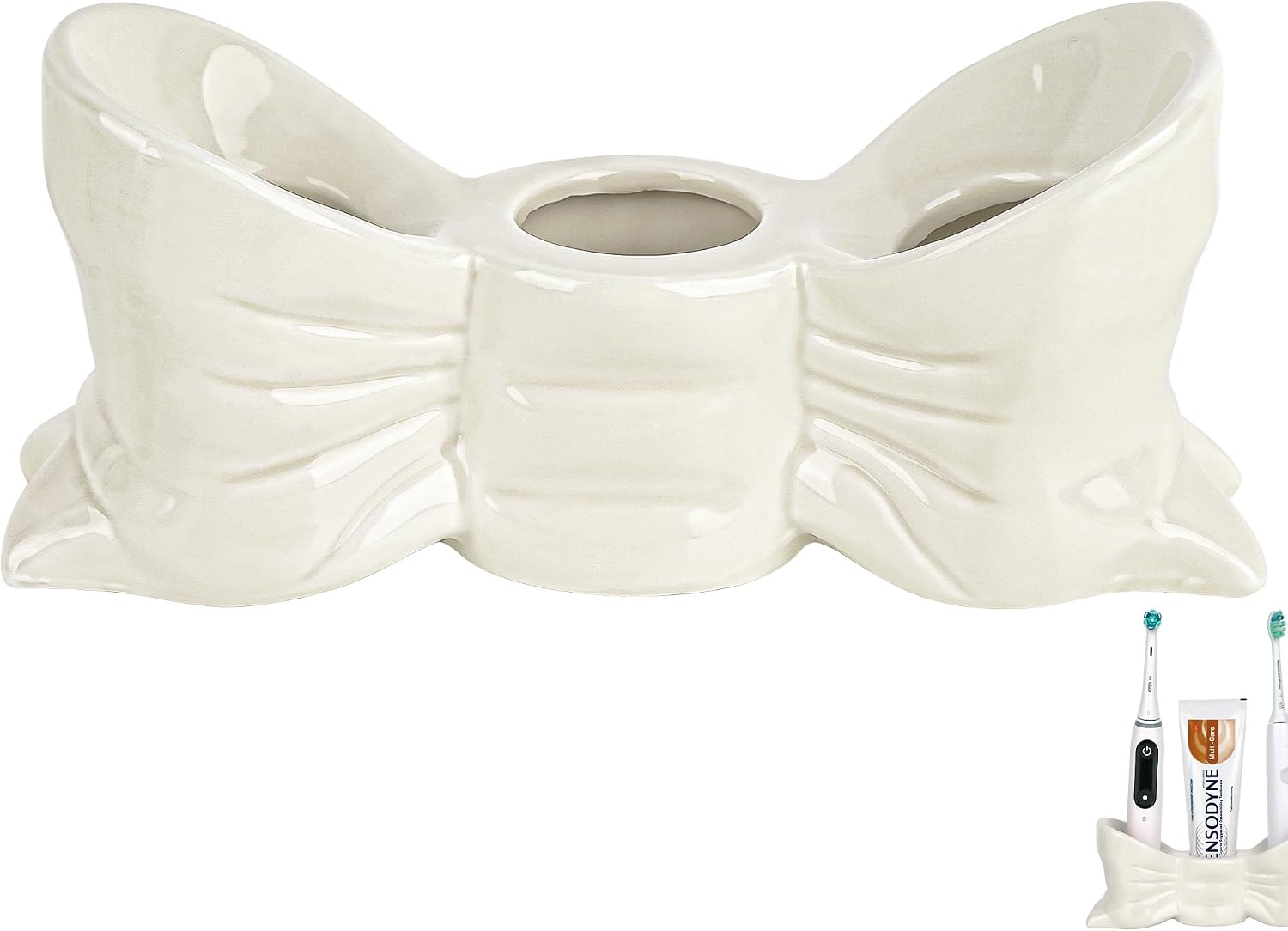 Bow Electric Toothbrush Holder, Ceramic Cute Toothpaste Holder, Bathroom Countertop Accessories for Toothpaste, Electric Toothbrush & Replacement Heads (White)