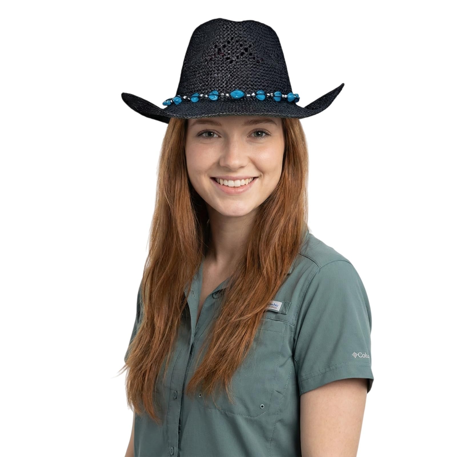 Chapeau de cowboy en paille pour femme - Chapeau de cowgirl western avec bordure en perles et bord malléable