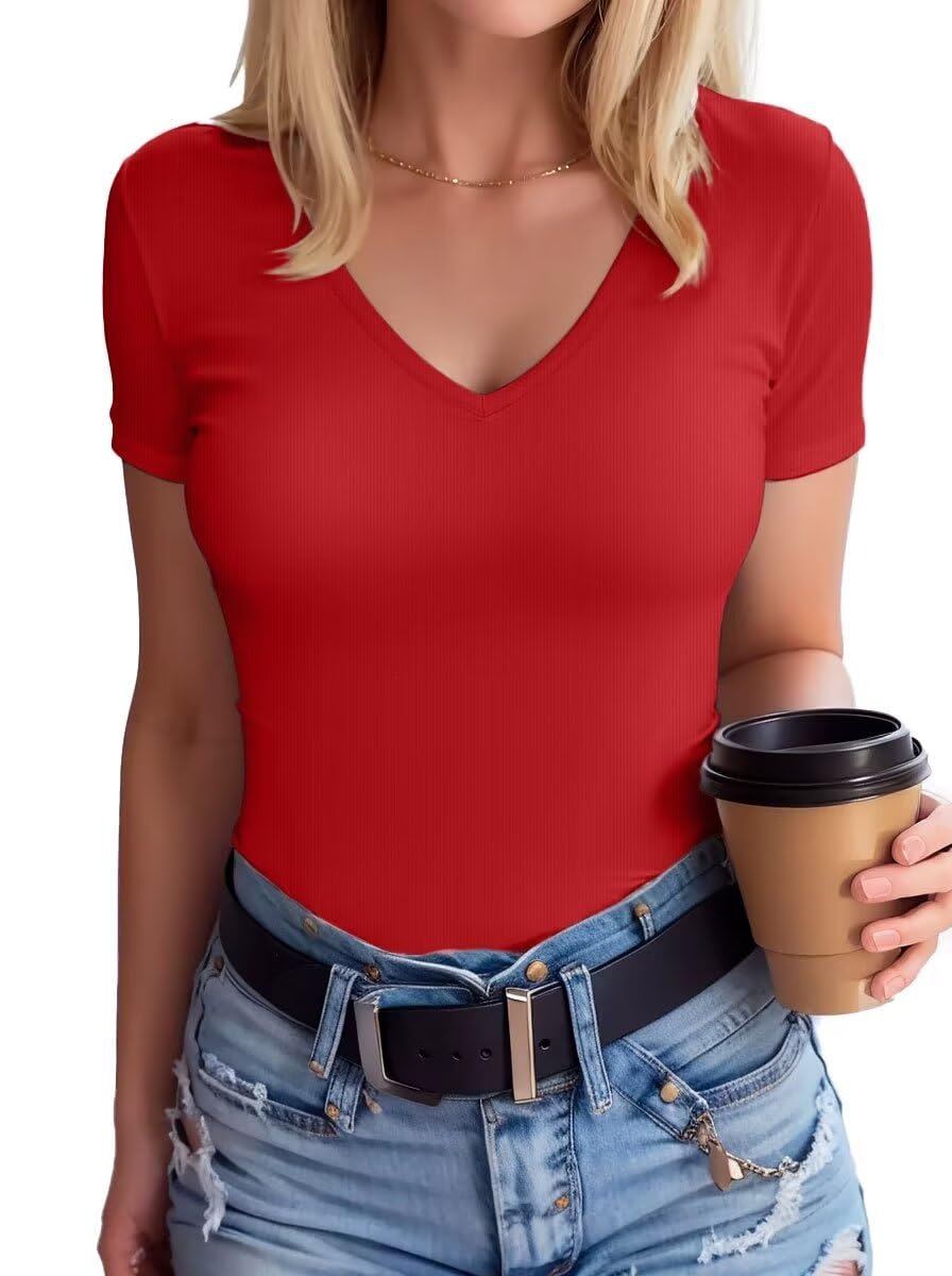 SANDERY T Shirts for Women Short Sleeve V Neck Solid Basic Casual Ribbed Slim Fitted Tops
