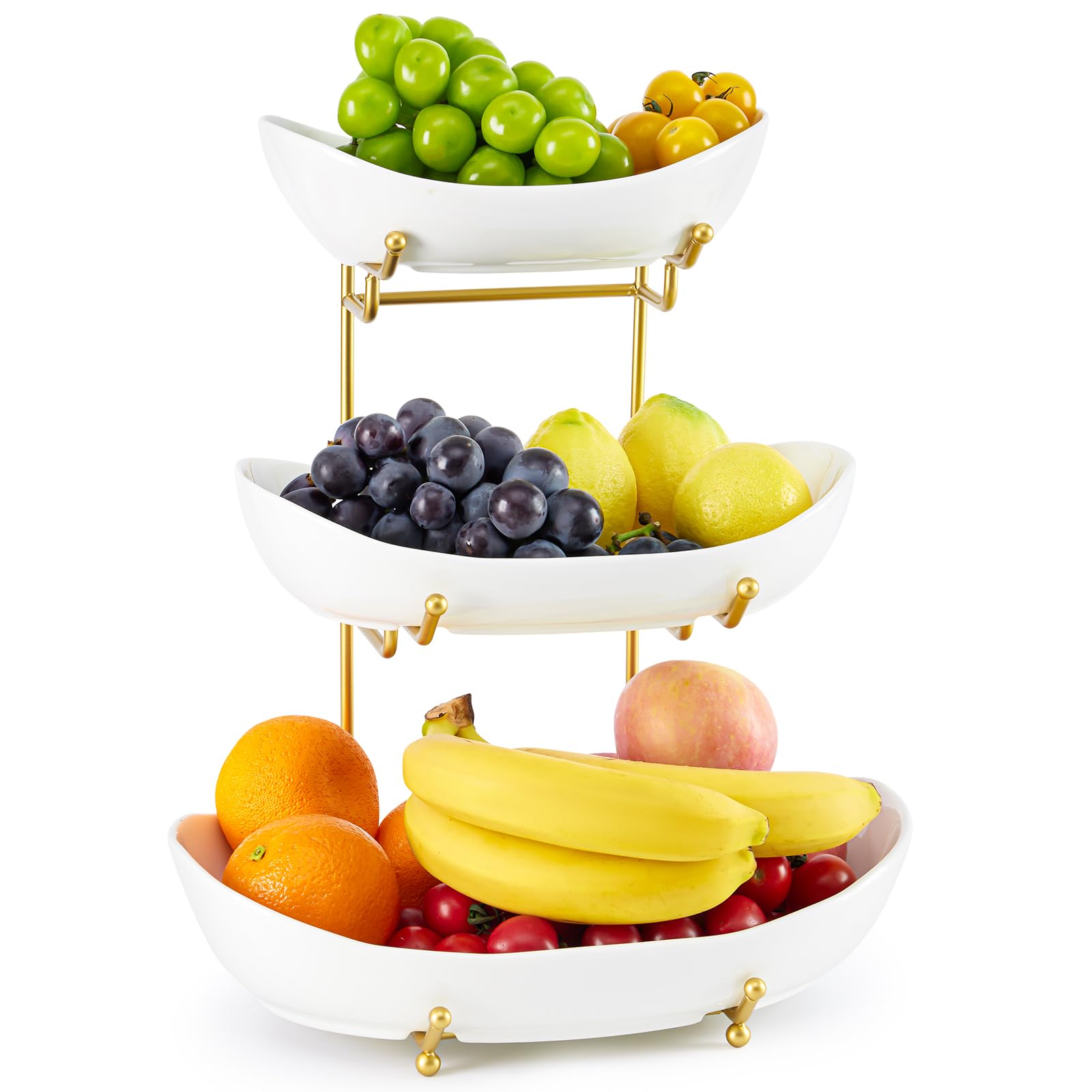 Photo 1 of HOMKULA Ceramic Fruit Bowl for Kitchen Counter - 3 Tier Fruit Basket with Metal Stand, Tiered Fruit Stand for Countertop, Snack, Nuts, Cake, Dessert, Cute (Gold, Large)