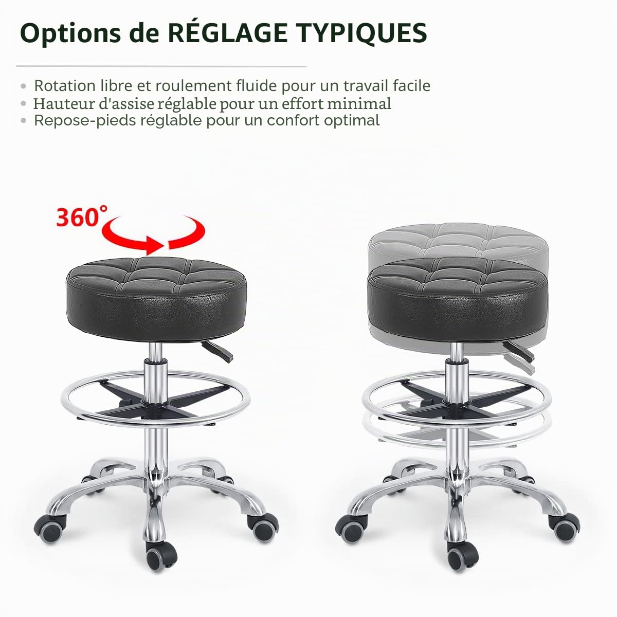 Tabouret pivotant à hauteur réglable Grace&Grace, Tabouret à roulettes robuste pour bureau