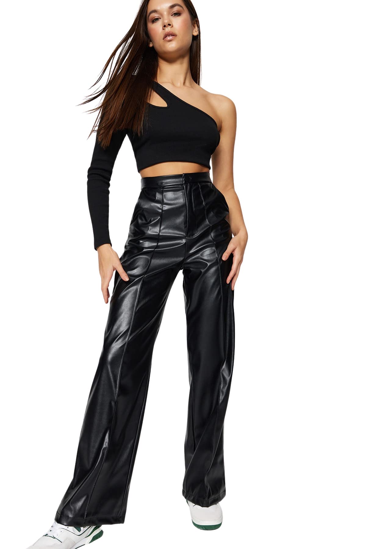 Trendyol Black Ribbed Faux Leather Wide Leg/Casual-Fit High Waist Trousers