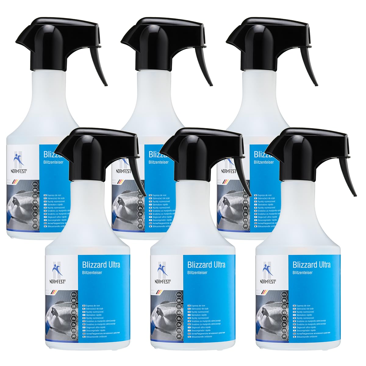 Normfest Blizzard Ultra – Blitzenteiser für Fahrzeugscheiben, Spiegel, Scheinwerfer und Türschlösser, streifenfrei, Lack- und gummiverträglich, wirksam bis –30 °C, 6X 500ml
