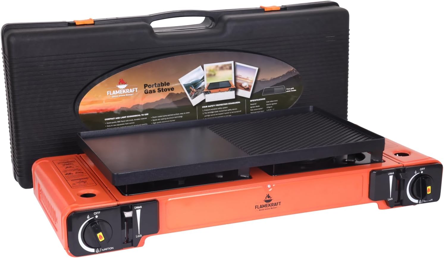FlameKraft ()| Double Burner Camping Stove with Non-Stick Cast Aluminum Griddle |Outdoor Portable Gas Stove for Camping,Tailgating,and Backyard Cooking, Perfect for Grilling and Frying Meals