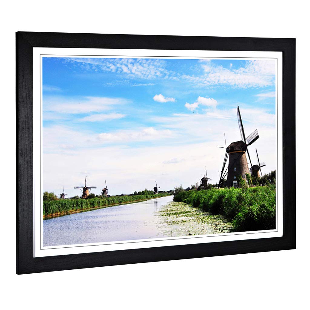 Big Box Art Framed Print of Landscape Windmills at Kinderdijk Holland Design | Wall Art Picture | Home Decor for Kitchen, Living Room, Bedroom, Hallway, Black, A2 / 24.5x18 Inch / 62x45cm