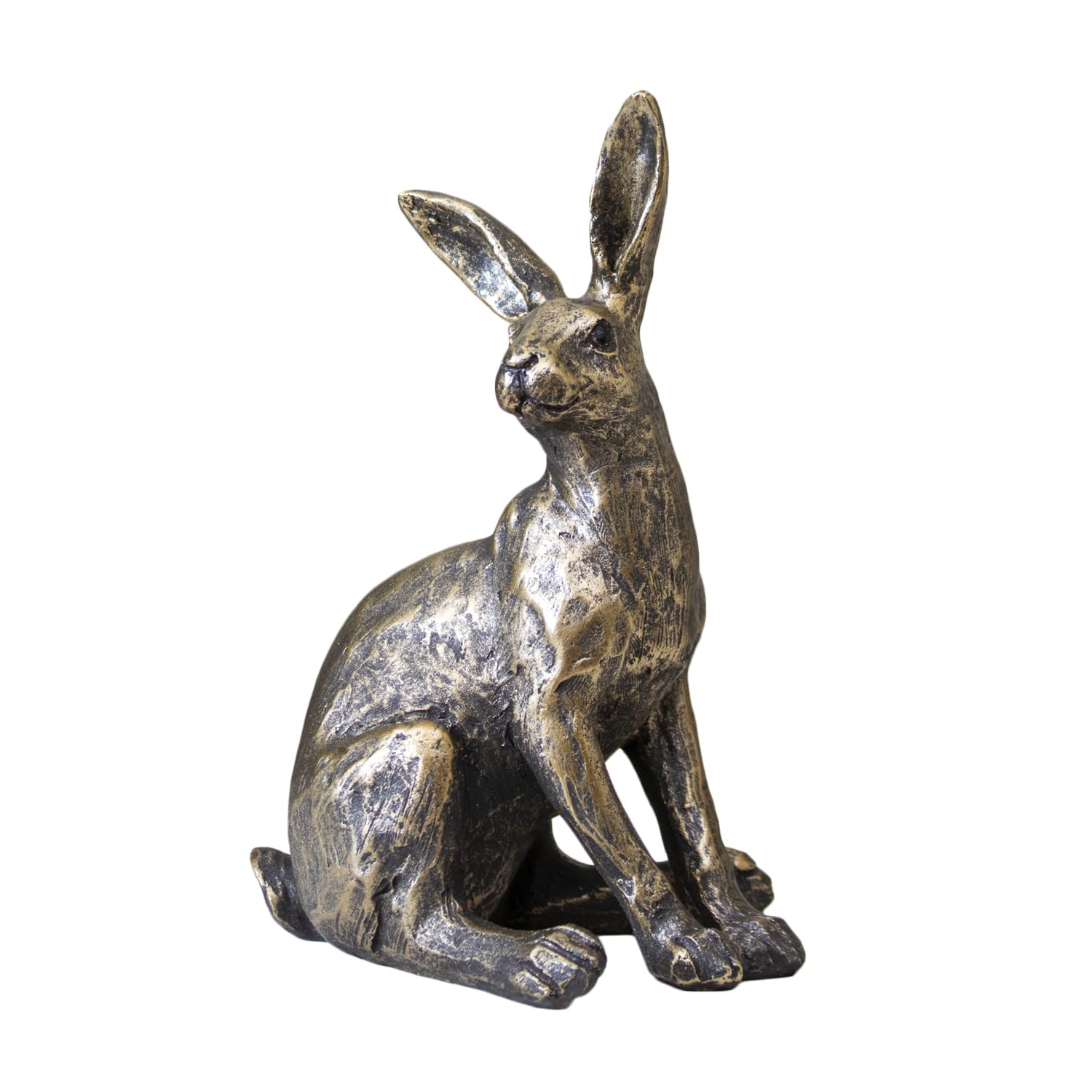 Darthome Gold Sitting March Hare Ornament, Distressed Finish, Resin, Freestanding Shelf Statue, Rustic Country Decor, 11x15x22cm