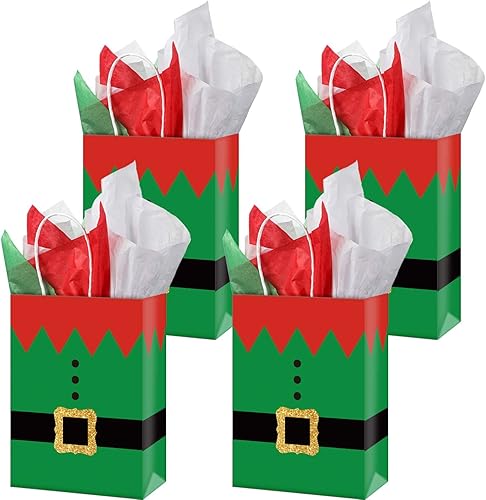 Blulu 16 bolsas de papel de regalo de elfos de Navidad, bolsas de regalo de elfos de Navidad, bolsas de fiesta de Navidad con asa de seda, papel