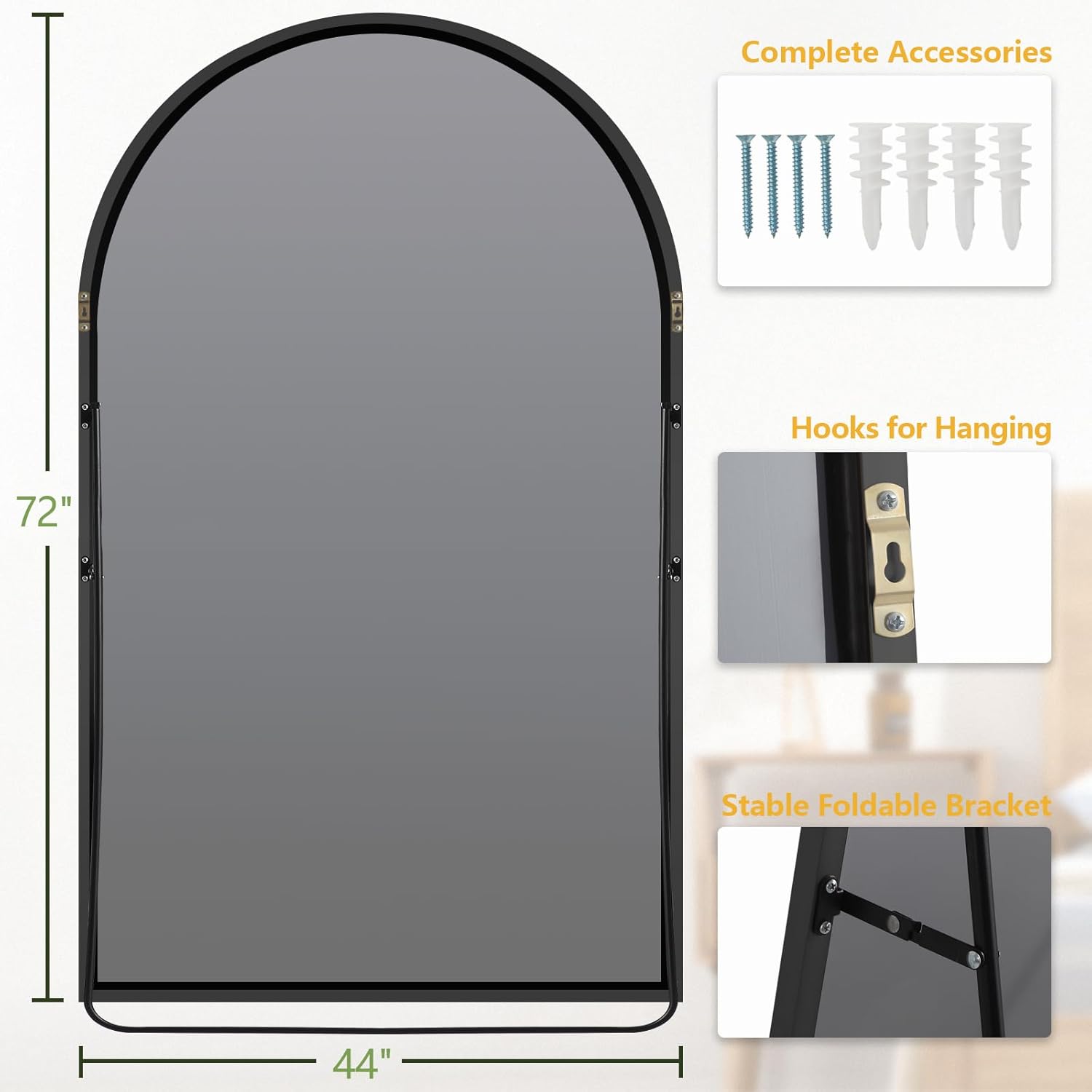 MELOMOIR Arched Full Length Mirror, 44"x72" Oversized Floor Mirror Freestanding, Large Full Body Mirror for Bedroom Living Room, Tempered Glass, Black
