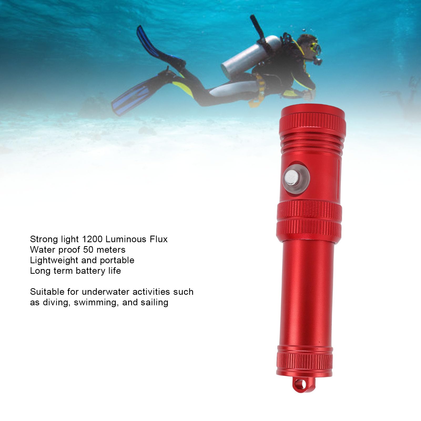 Torcia subacquea potente 1200 flusso luminoso impermeabile torcia per osservazione marina, materiale ABS (rosso)