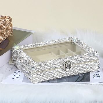Sparkly Bling Jewelry Box Organizer - تخزين أنيق ووظيفي لحامل تخزين الماس الثمين للنساء -White