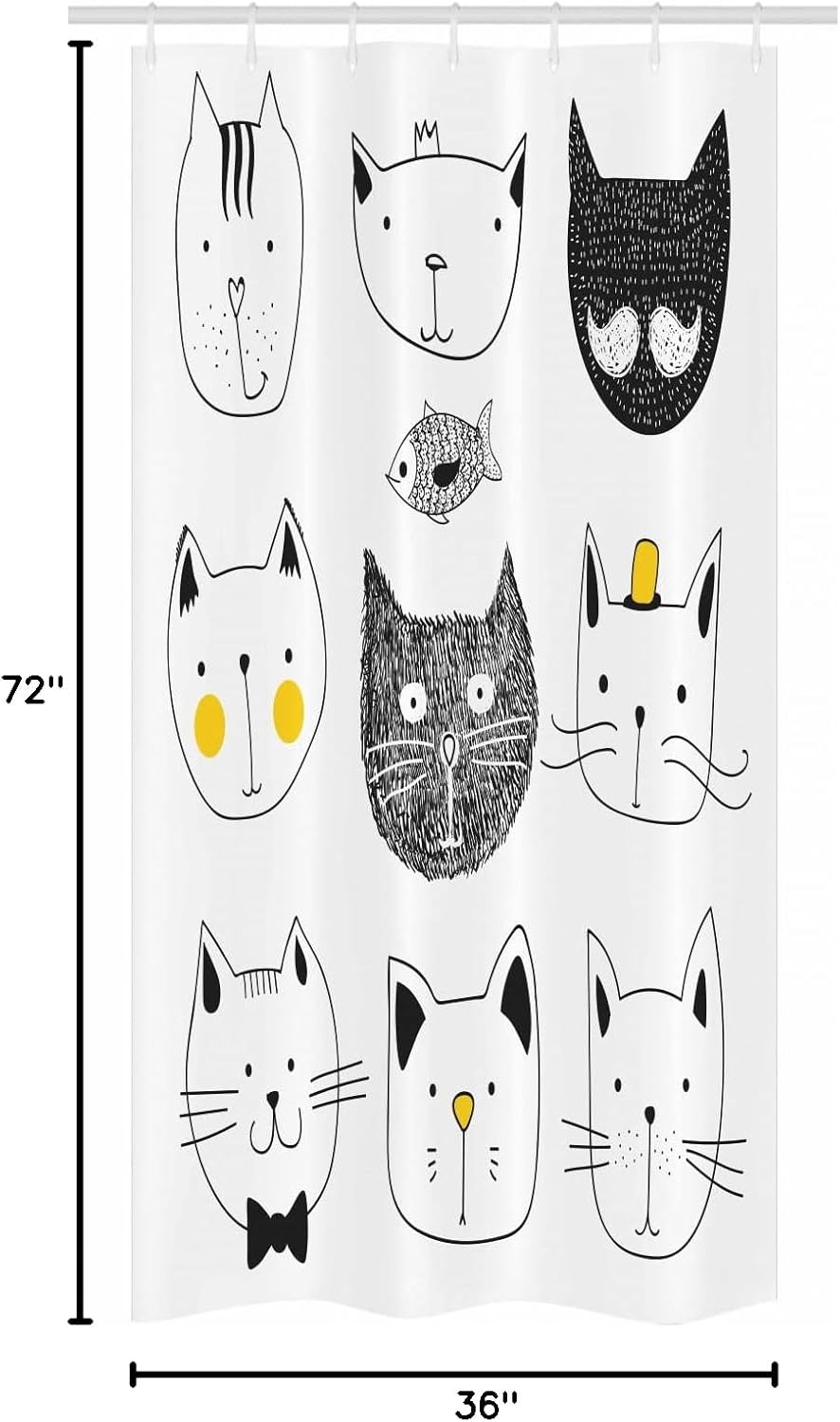 Ambesonne Cat Stall Shower Curtain, Cats with Moustache Bow Tie Hat Crown Fluffy and Fish Humor Faces Graphic, Fabric Bathroom Decor Set with Hooks, 36" W x 72" L, Yellow Grey