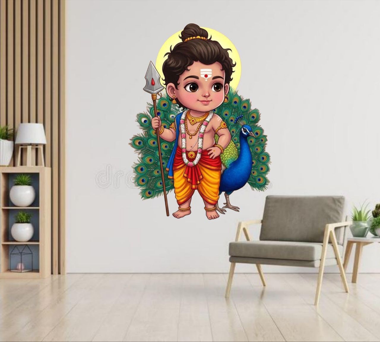 Lord Murugan Wall Decal with Peacock, Cartoon Style, Hindu Deity, Religious Theme, Kids Room Decor-image-29