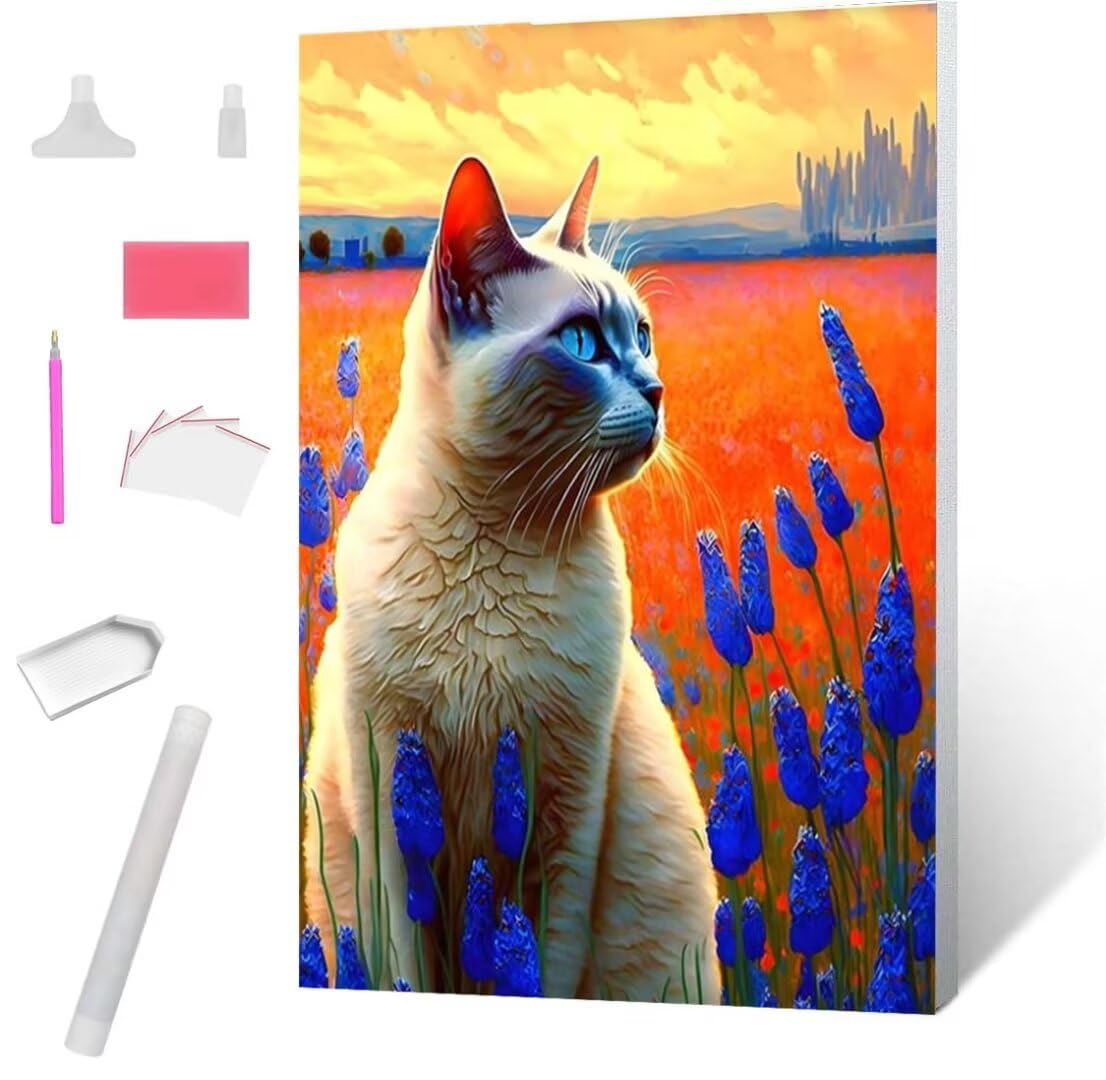 Jaxiaco Diamond Art 12x16in, Cat Flowers Diamond Painting Kits for Adults Kids, 5D Diamond Art Painting Crystal Art and Crafts, DIY Diamond Dots Full Rhinestone Gem Art Pictures Canvas Wall Art A-555