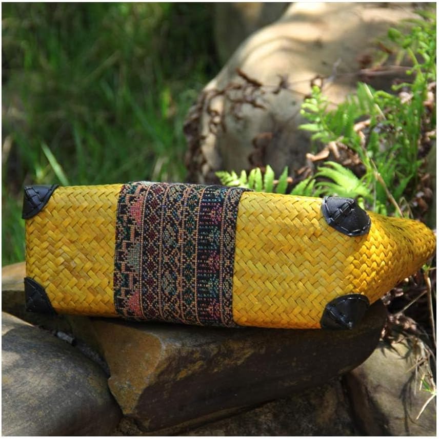 Women Summer Retro Straw Bag with Printing Pattern Hand-woven Beach Handbag Top Round Handle Boho Tote Bag Shopping Travel Large Bag (Yellow 2)