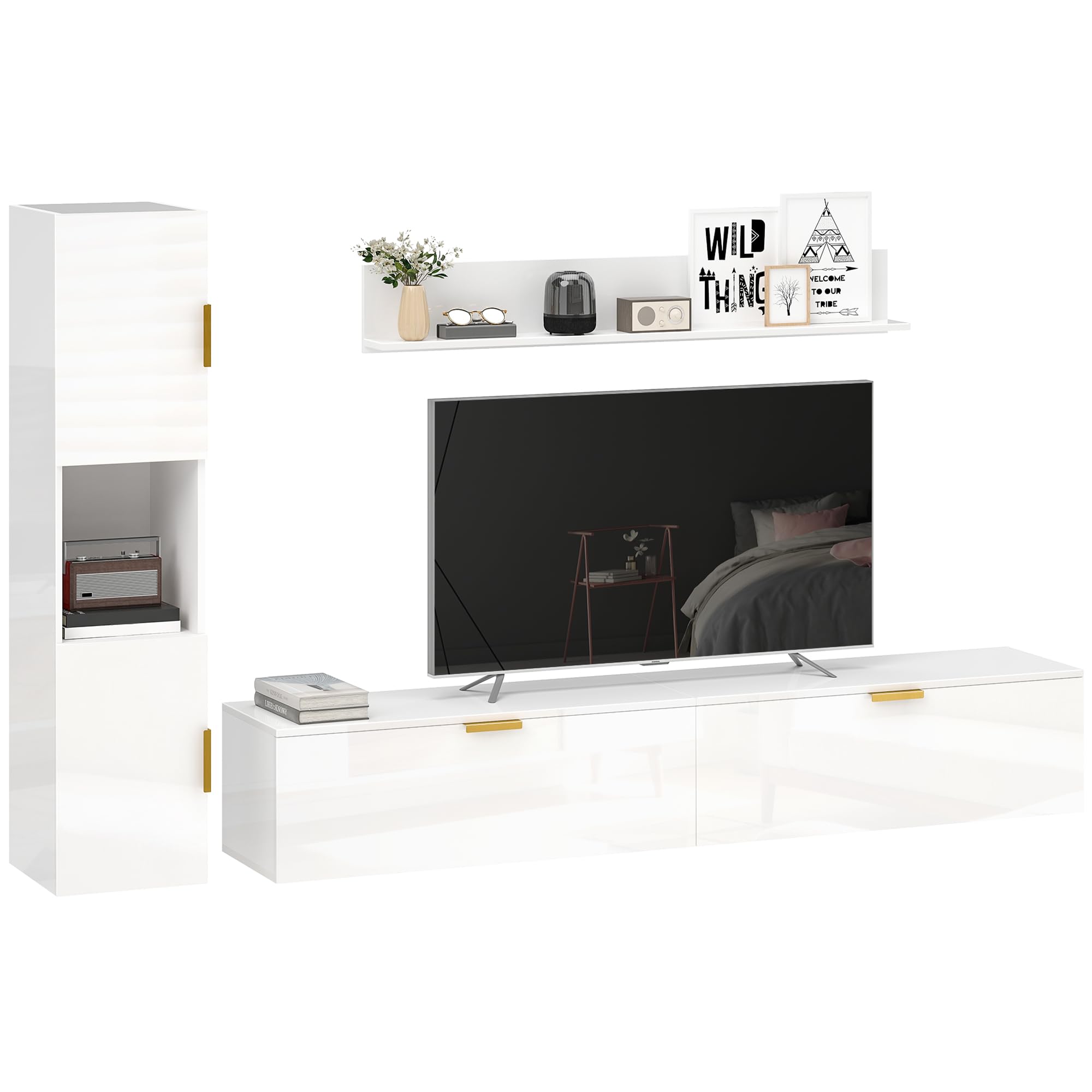 HOMCOM Meuble Mural pour Salon avec étagère Murale et Armoire de Rangement, Ensemble TV 3 pièces, Meuble TV avec Portes battantes, pour téléviseurs jusqu'à 55 Pouces, Blanc Brillant