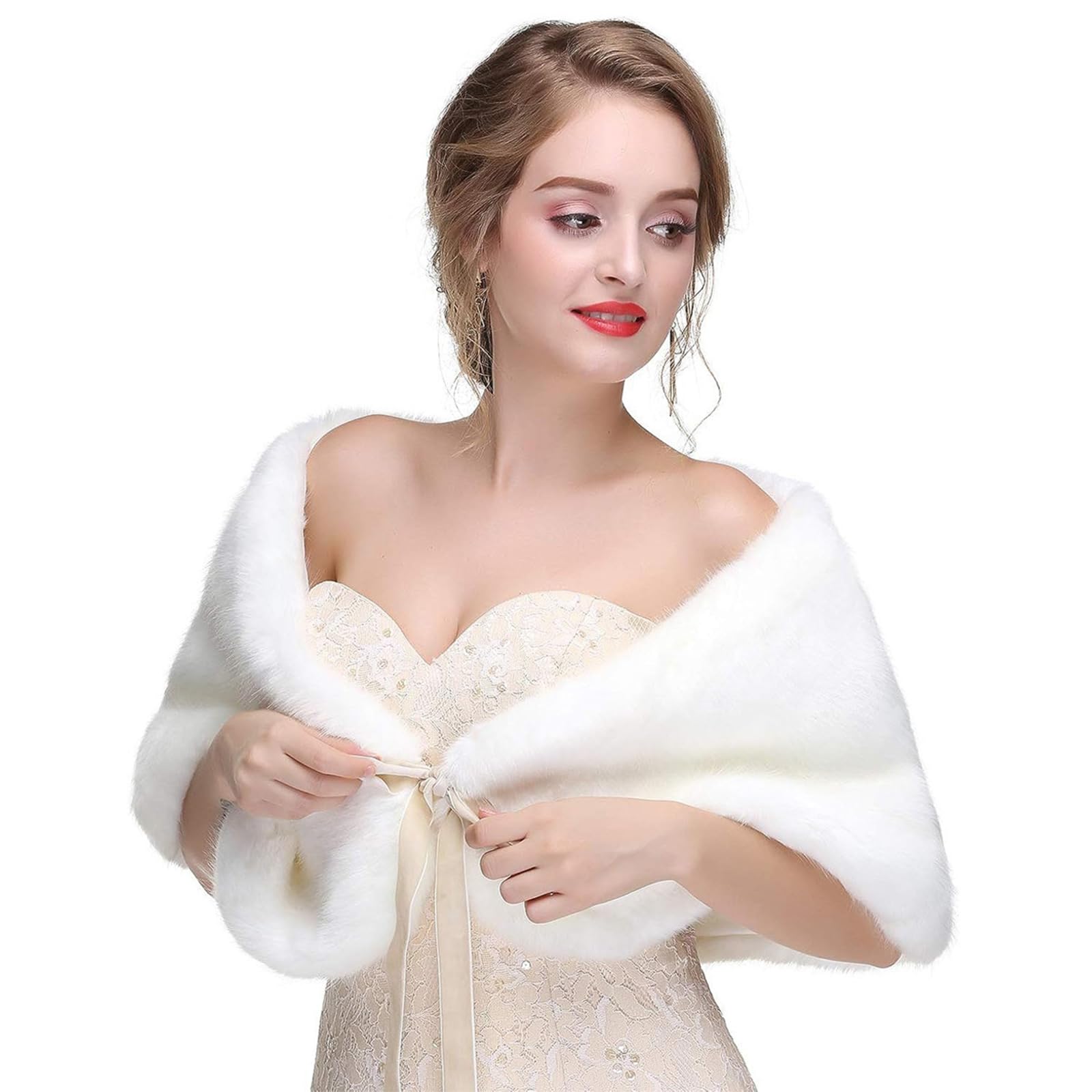 Zepfjhe Unisex White Luxurious Faux Furs Capelet For Bride And Bridesmaids Furry Shawl Wrap Bows Tie Boleros For Weddings And Photography Bridal Furs Shrug