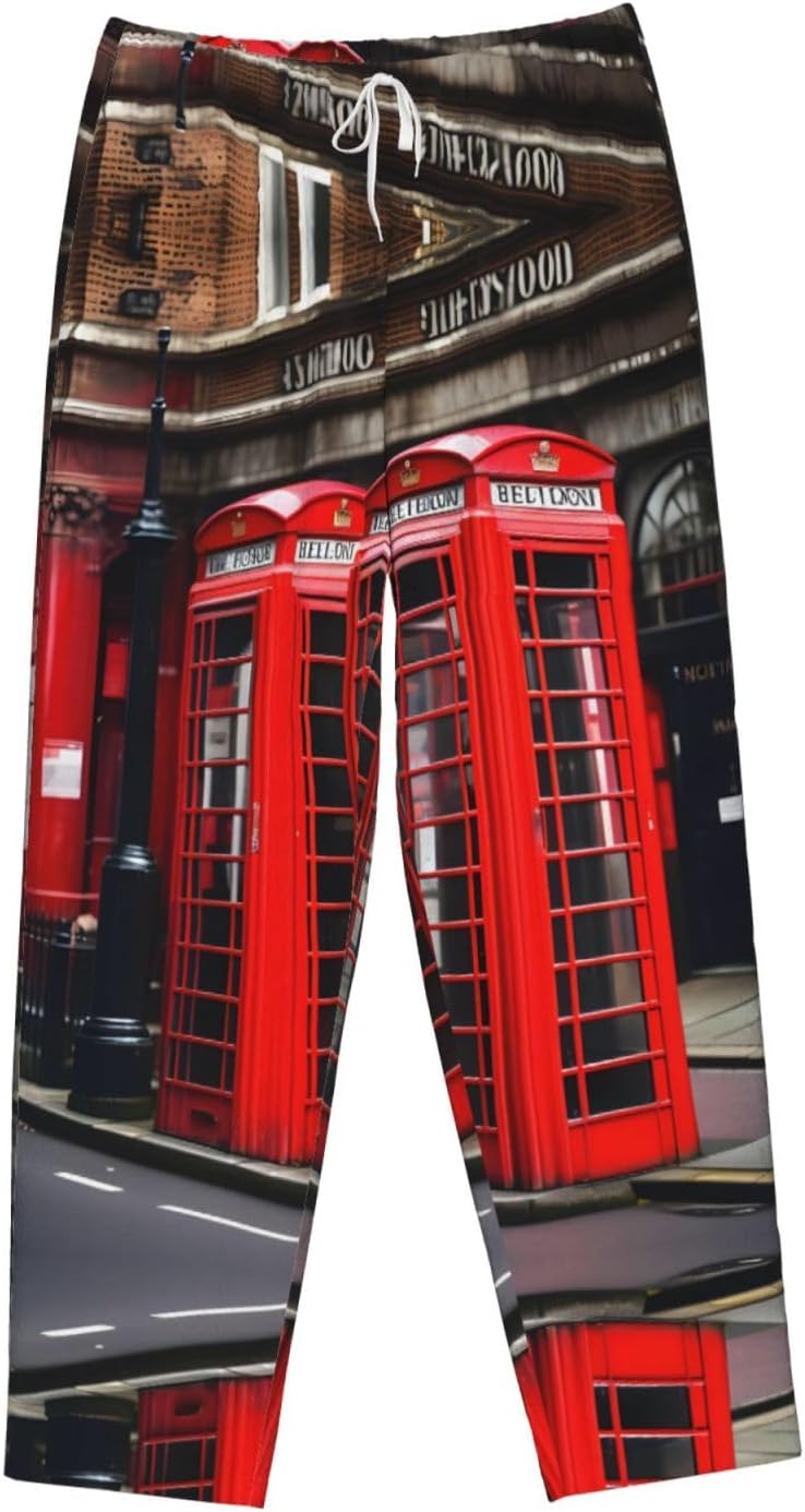 Phone Booth London Street Print Cozy Flannel Pajama Pants For Women,Warm Christmas Pj Pants,Cute Fleece Pajamas