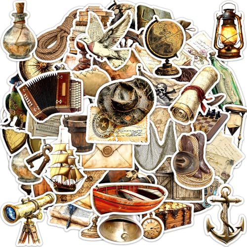 50PCS Vintage Nautical Pirate Stickers Retro Sailing Adventure Vinyl Decals Waterproof Stickers for Water Bottles Laptops Scrapbooking Journal Decorations Ocean Lover Gifts