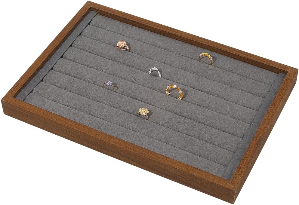 Beebeecraft 7 Slots Ring Earring Tray 14x9.7 Wood Organizer Rectangle Velvet Jewelry Tray Holder for Ring Stud Earring Display Selling Showcase Collection