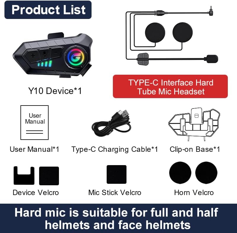 Miniatura 8 de Auriculares Bluetooth para casco de motocicleta Y10G, auriculares inalámbricos 5.3 de 1000mAH con micrófono duro, cancelación de ruido, sonido