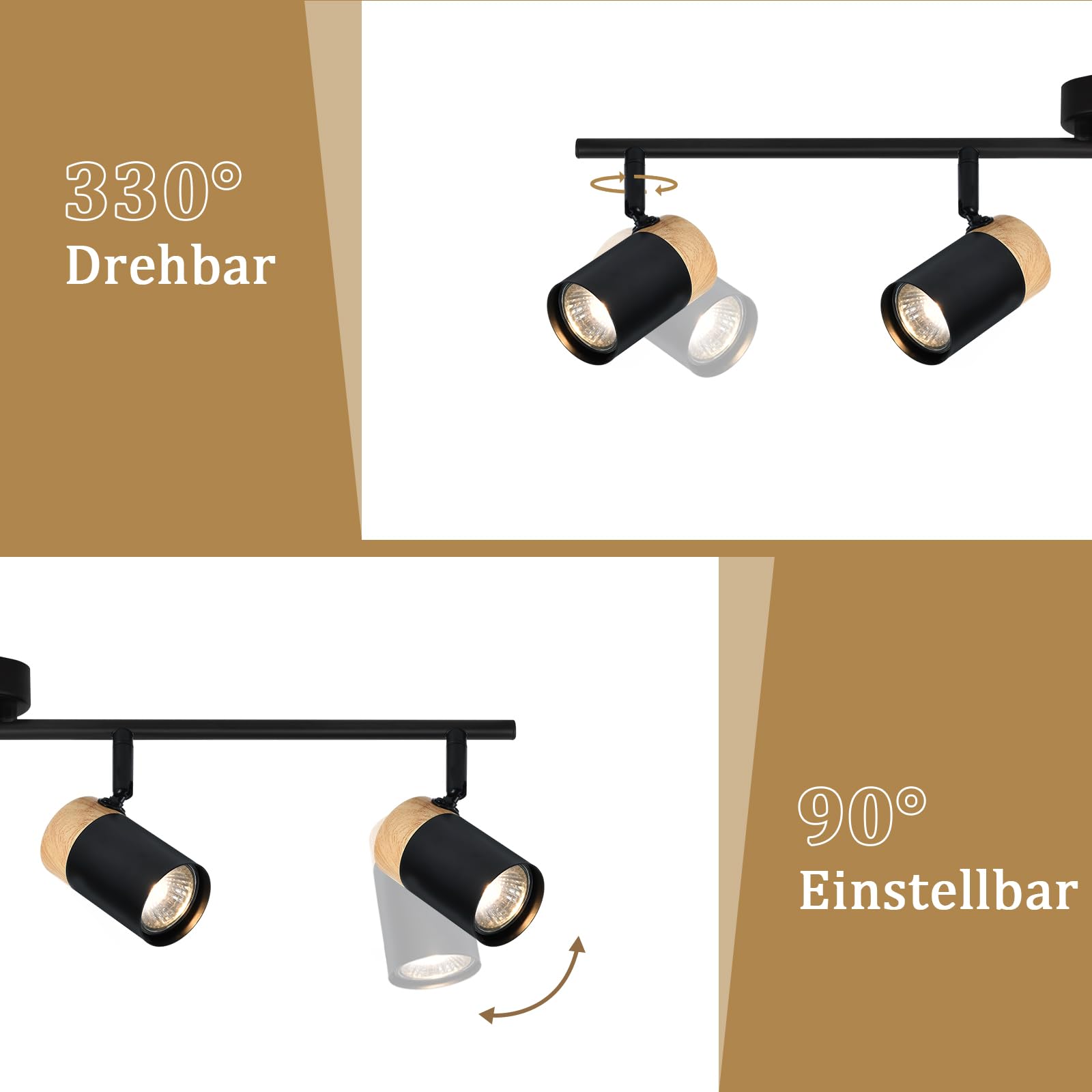 Glitzerlife Plafón de madera negro Plafón - 4 brazos GU10 LED orientable 330° Foco para salón cocina habitación infantil Sin bombillas