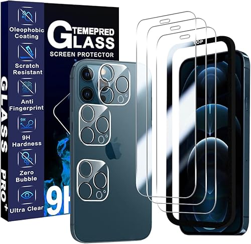 Paquete de 3+3+1 protector de pantalla para iPhone 12 Pro 6.1 pulgadas, 3 protectores de pantalla, 3 protectores de lente de cámara, marco de fácil