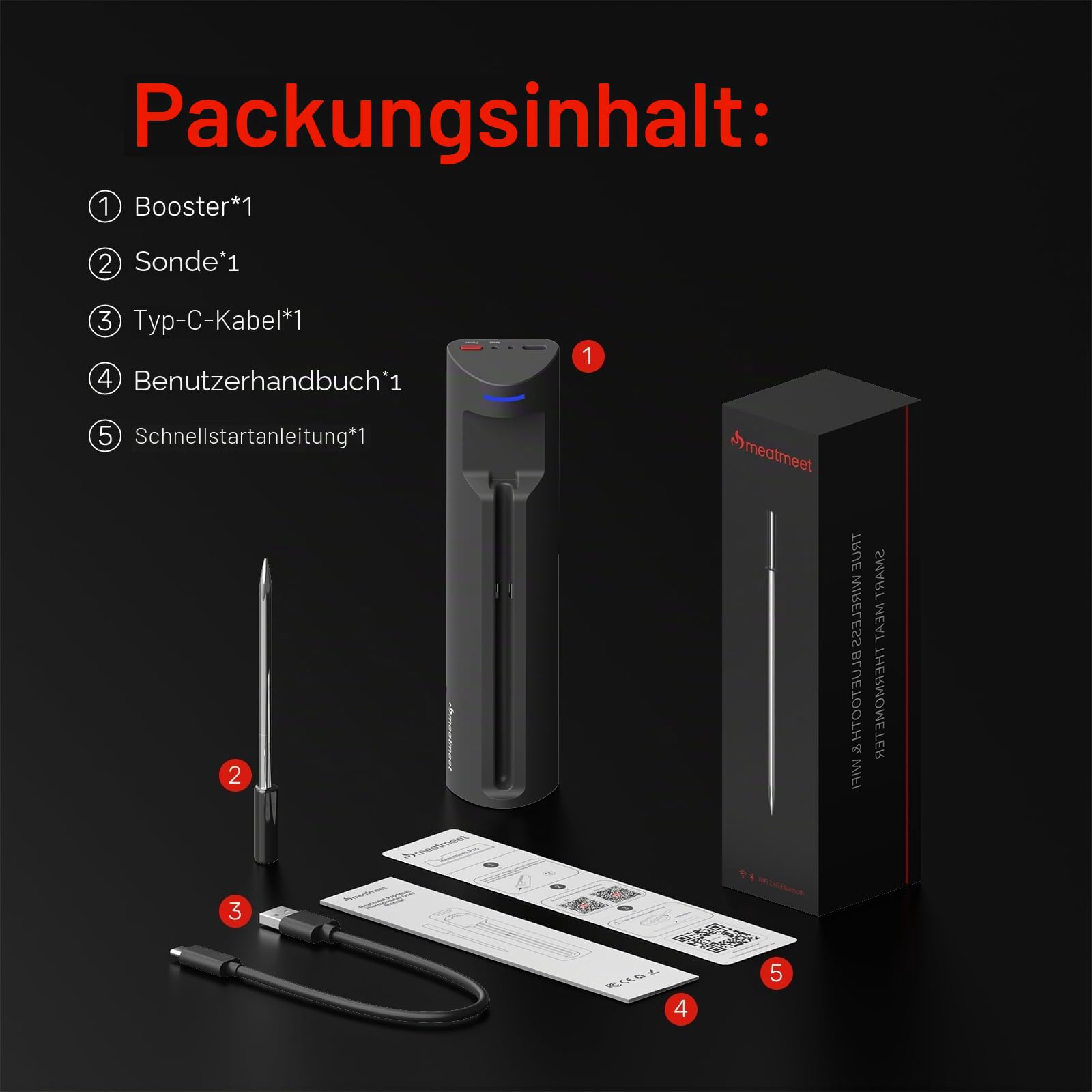 WLAN-Fleischthermometer | Kabellose Sonde mit großer Reichweite für Backofen, Grill, Heißluftfritteuse, BBQ | Doppelsensoren | IP67 wasserdicht