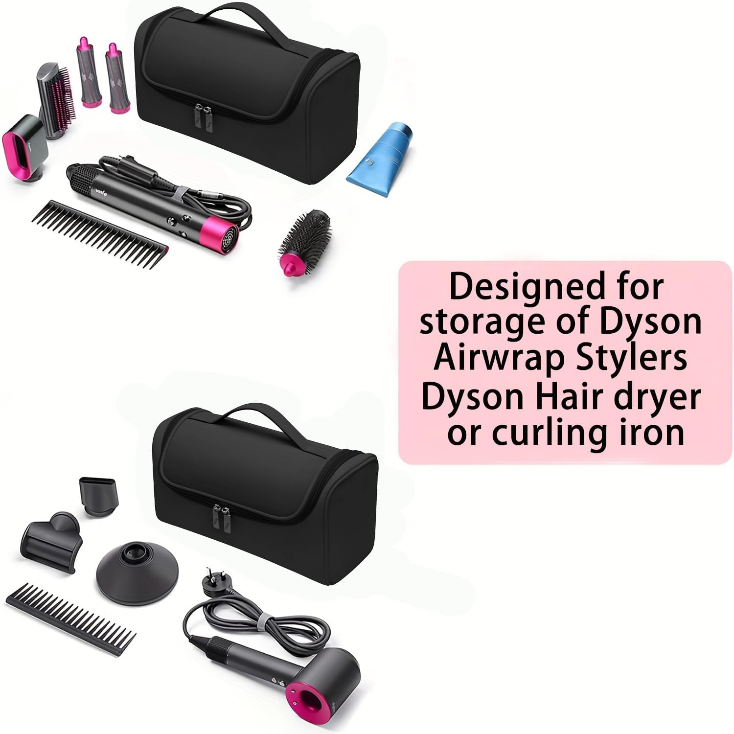BUBM Travel Case Compatible with Dyson Airwrap Complete Styler and Attachments, Portable Storage Bag with Metal Hanging Hook for Airwrap All Models, Long Barrel, Hair Curler Accessories (Black) - Image 2